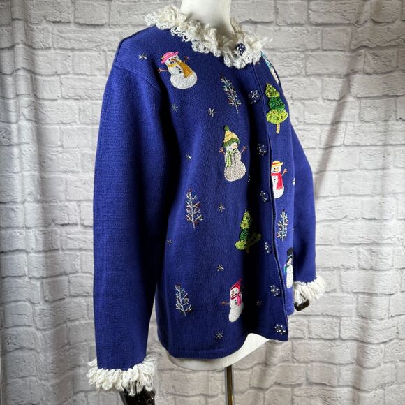 VTG Storybook Knits Snowman Wonderland Christmas Sweater Women's Small Cardigan - Picture 6 of 15